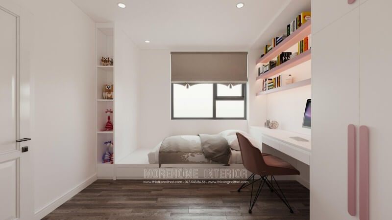 Phòng ngủ của bé gái được trang bị nội thất gỗ công nghiệp nhẹ nhàng, cửa sổ được thiết kế rộng rãi giúp tận dụng được ánh sáng tự nhiên tối đa. Điều này sẽ tạo cho bé một không gian sống năng động và thoải mái.